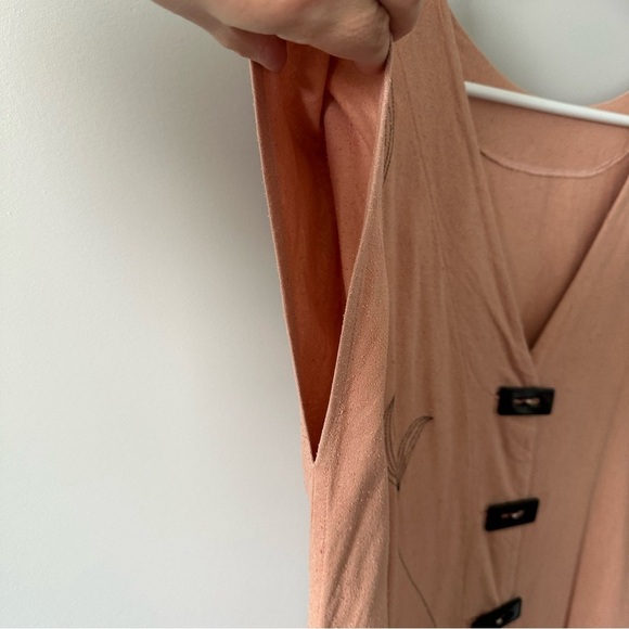 Minimalist Dress Embroidered Leaf V-neck 100% Silk Earthy Blush Lagenlook Small - Picture 5 of 11